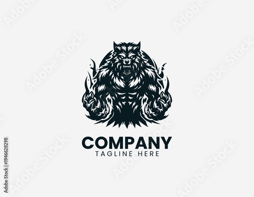 Muscular werewolf monster standing black vector logo illustration isolated on white background