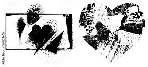 Two stylized heart forms rendered in halftone and brushstroke textures, framed by angular shapes, minimalist graphic art, vector illustration.