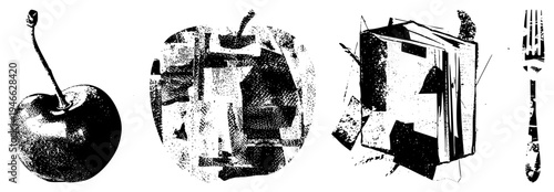 Halftone vector art featuring abstract shapes, stylized cherry, fragmented forms, design, graphic illustration.