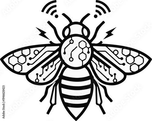 A stylized bee with wings of circuitry and honeycomb patterns