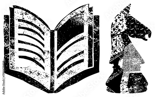 Vintage style open book with, chess knight piece with star and herringbone, graphic design, vector art.