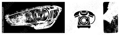 Retro rotary telephone, classic car headlight design, halftone print, vector art, isolated graphic elements, nostalgic communication symbols.