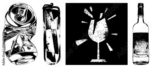 Crumpled aluminum soda can, dented beverage can, stylized wine glass, liquor bottle, vector illustrations, halftone texture, beverage container symbols.