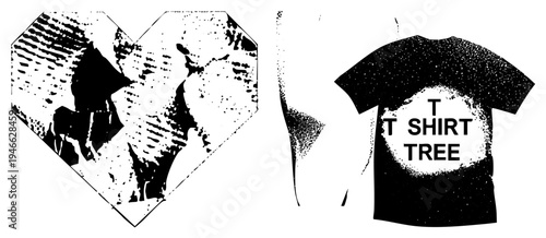 Halftone style world map inside heart, paired with black t shirt graphic reading "T SHIRT TREE", punk aesthetic, vector art,, distressed texture.