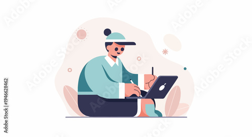 A person wearing a hat, a collared shirt, and pants, sits on the ground, drawing on a laptop