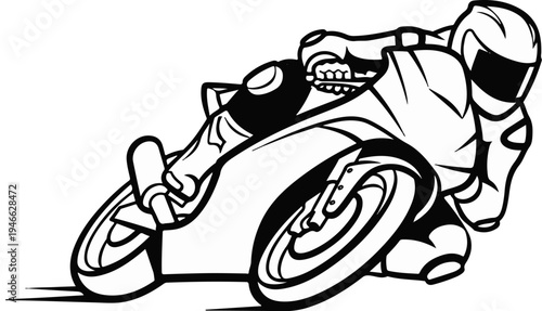 A stylized black and white drawing of a motorcycle racer