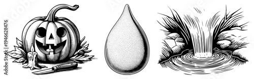 Carved pumpkin face with glowing candles, autumn leaves, and kitchen knife, Halloween decor, spooky seasonal symbol, festive.