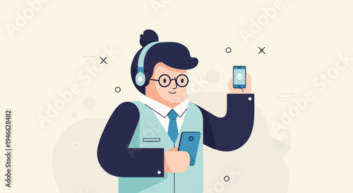 A person in a vest and tie with headphones holds two smartphones
