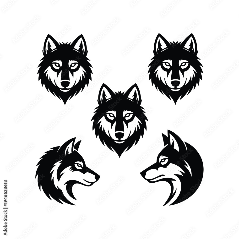 Obraz premium Five striking wolf heads presented in a dramatic black silhouette