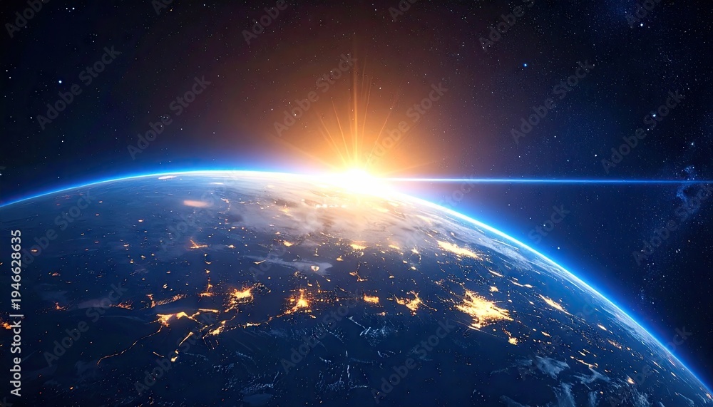 Obraz premium Earth from space with sun rising over the edge of the planet