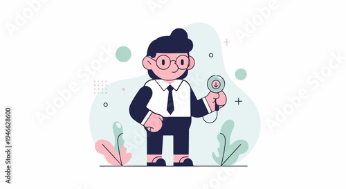 A person in business attire holding a small device with a down arrow