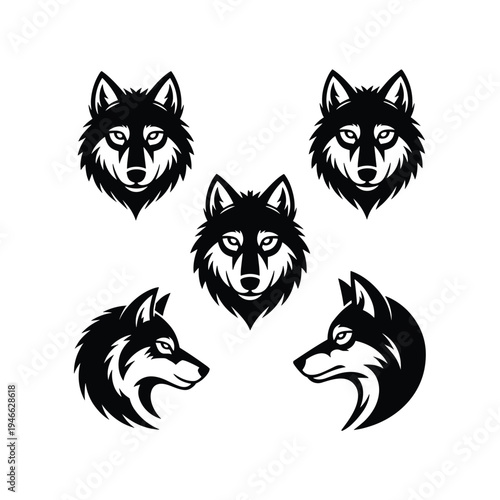 Five striking wolf heads presented in a dramatic black silhouette
