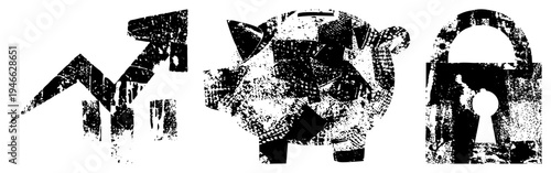 Urban art inspired vector house, piggy bank, padlock, stylized with gritty texture,, graphic design elements, digital illustration.