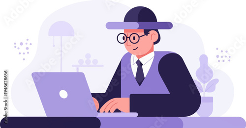 A person wearing a hat and glasses works on a laptop at a desk, surrounded by abstract shapes and decor