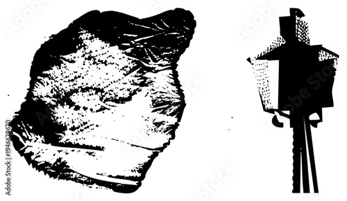 Black and white halftone illustrations of stone head sculpture and vintage street lantern, graphic art, isolated vector elements, artistic stencil style.