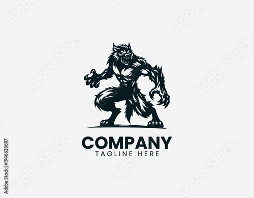 Muscular werewolf monster standing black vector logo illustration isolated on white background