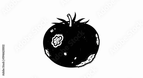 A stylized, black and white illustration of a tomato with blemishes and imperfections