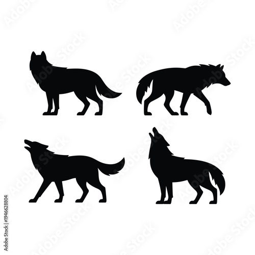 Four wolf silhouettes in various poses a striking graphic illustration silhouette