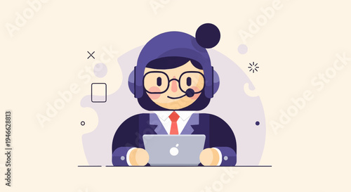 A stylized person in a headset and suit with a laptop