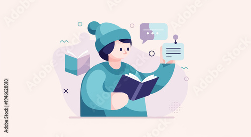 A person wearing a hat and sweater reads a book