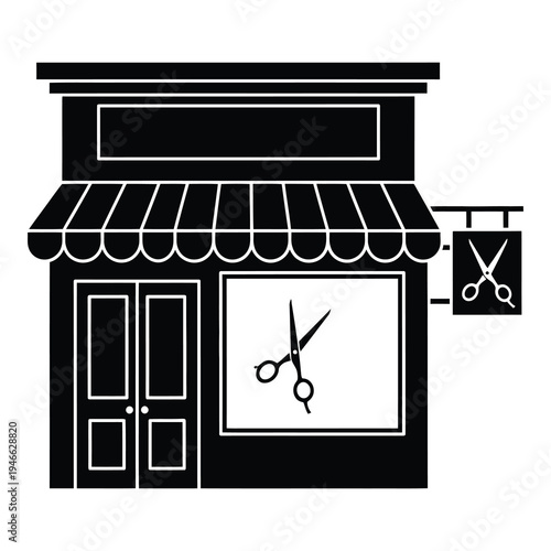 Simple black and white illustration of a haircut store front with scissors icon