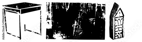 Stylized black and white vector shapes minimalist cabinet, textured abstract panel, decorative tower. Graphic art with halftone grain and stark contrast.