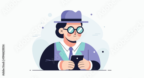 A person wearing a hat, glasses, and suit holds a smartphone