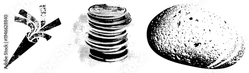 Stylized halftone graphics of directional arrow, threaded screw, and textured stone, rendered in bold black and white vector art.