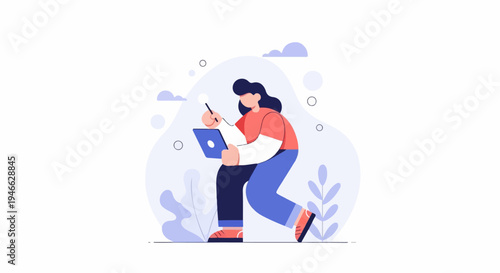 A person in casual clothing works on a digital tablet with a stylus