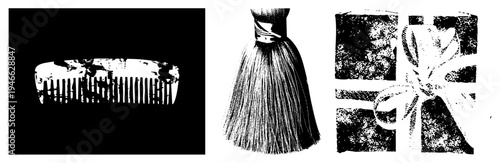 Classic grooming brush with dense bristles, decorative ribbon bow, vintage styling tool, hair care accessory, black and white halftone graphic.