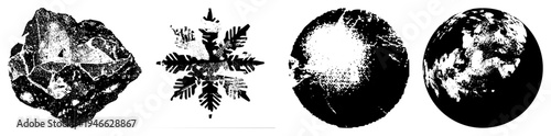Black and white halftone graphics depicting crystal, snowflake, moon crater, and Earth globe stylized scientific illustrations with stippled textures and geometric precision.