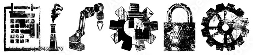 Set of factory equipment symbols including calendar, smokestack, robotic arm, gears, padlock, and cogwheel, rendered in gritty halftone style with wear and tear effects.