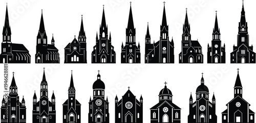 Church silhouette set collection, gothic architecture building facade, christian religious cathedral icon, black vector illustration, ancient chapel landmark, isolated white background.