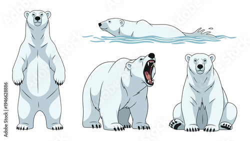 Polar Bear Cartoon Vector Set. Arctic Animal Illustrations in Standing, Swimming, Roaring, and Sitting Poses