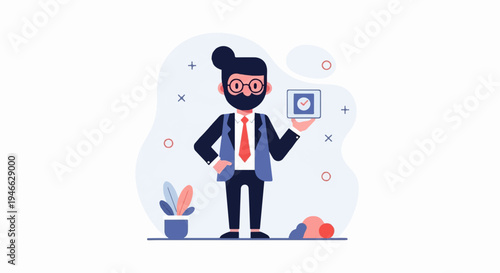 A person in formal attire holds a tablet with a checkmark