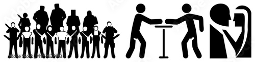 Stylized human figures in silhouette, group formation, collaborative gestures, isolated set, vector people.