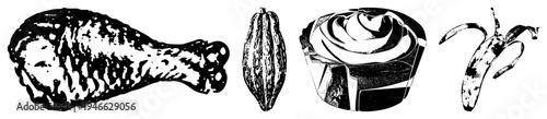 Chicken drumstick, cacao pod, frosted cupcake, peeled banana all rendered in high contrast halftone vector style. Food, dessert, snack, tropical, protein, sweet treat.