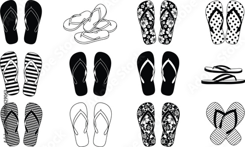flip flop sandal pattern set, summer beach footwear illustration, flipflop silhouette collection, tropical sandal background, vacation footwear design