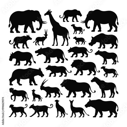 Collection of african wildlife animals in black silhouette