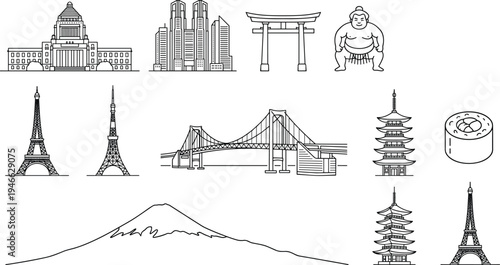 landmarks, architecture, icons, japan, tokyo, torii, pagoda, bridge, mountfuji, sushi, sumo, skyline, travel, tourism, monuments, illustration, lineart, cityscape, culture, collection