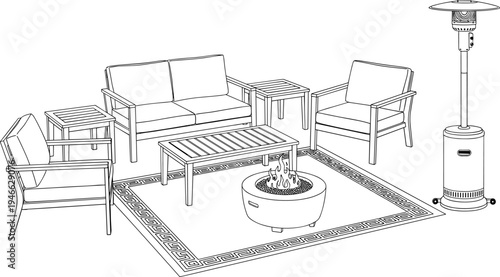 Outdoor patio furniture set featuring sofa armchairs coffee table fire pit and patio heater for backyard landscape design garden lifestyle flat vector illustration