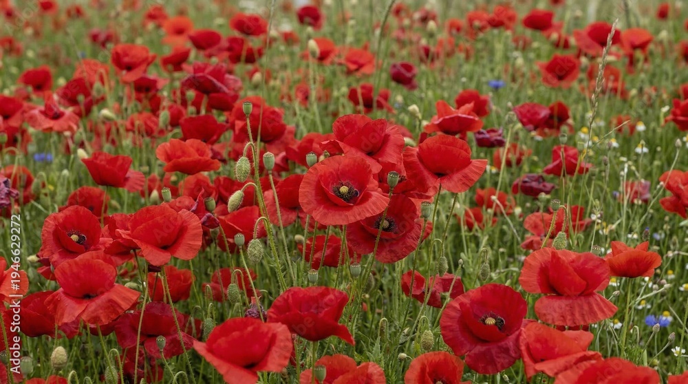 Obraz premium Close Packed Red Poppies Filling Entire Frame Wildflower Background