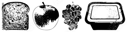 Minimalist food, toast slice, fruit, grape cluster, yogurt tub, halftone texture, flat design style.