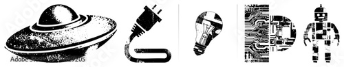 Vintage styled vector including UFO, power plug, lightbulb, circuitry, robot each with distressed texture. Ideal for tech, sci fi, or retro design projects.