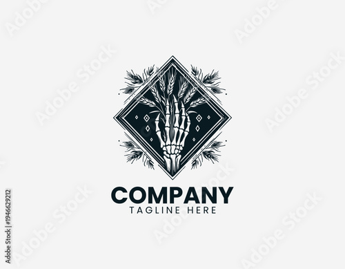 The skeleton hand holding plants logo features a diamond frame for a dark aesthetic