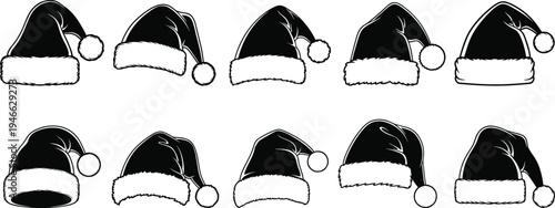 Set of Black and White Santa Claus Hat Vector Illustrations, Christmas Holiday Headwear Icons for Winter Season Designs and Festive Decorations
