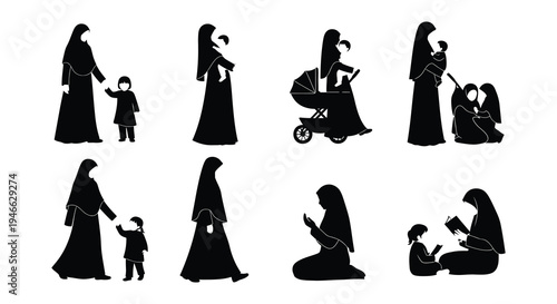 Silhouettes of mothers with children in various everyday situations
