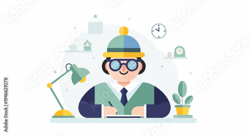 A person in glasses and a hat sits at a desk writing with a lamp and plant