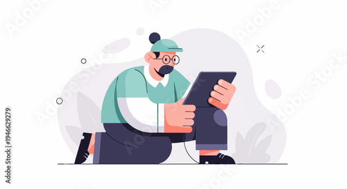 A person wearing glasses and a hat kneels while looking at a tablet