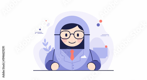 A person in glasses and a hijab, wearing a suit, behind a desk